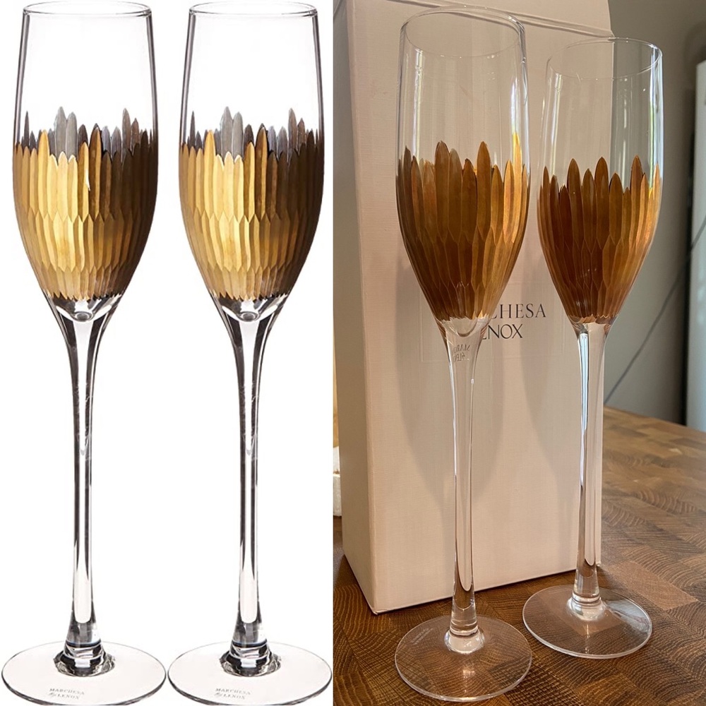 Marchesa Lenox Gold Crystal Champagne Flutes Imperial Caviar  set of 2 box incl